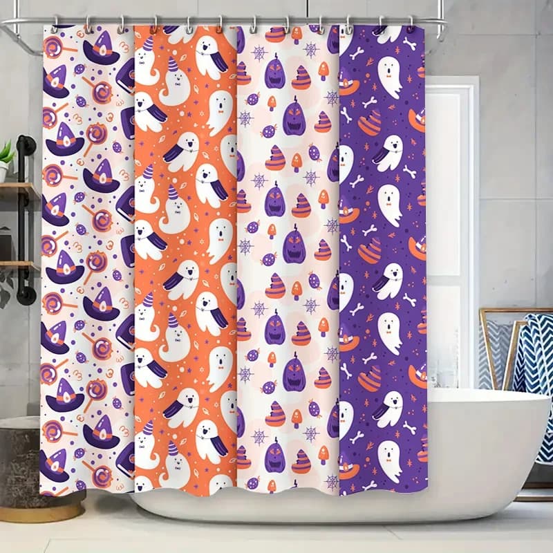 Set di tende da doccia di Halloween Fantasmi spettrali Goblin Fodera da bagno in tessuto stampato per decorazioni da bagno Viola Arancione Bianco Colorf
