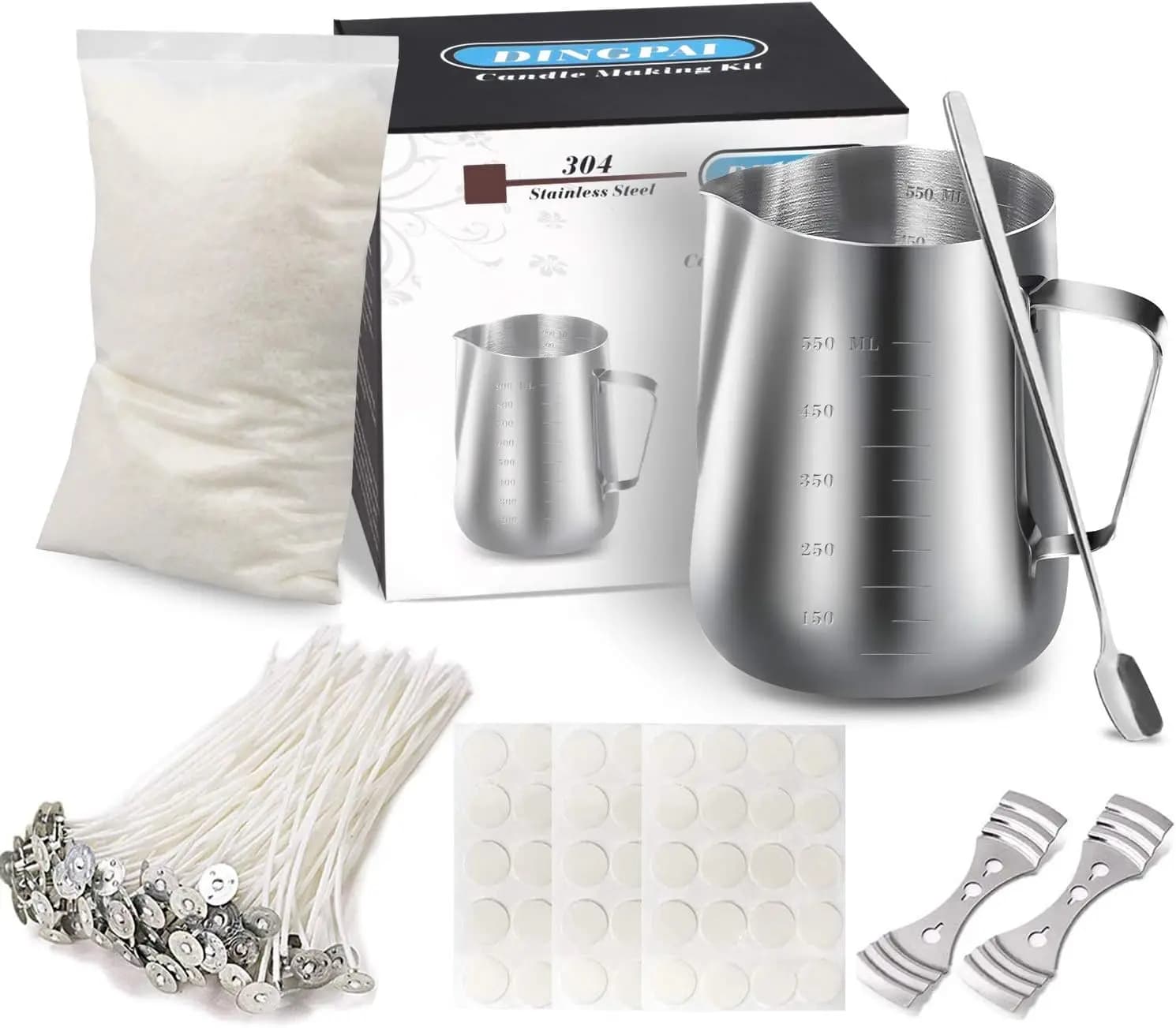 Kit per la creazione di candele fai da te: cera di soia, vaso per versare la cera, stoppini e cucchiaio per principianti