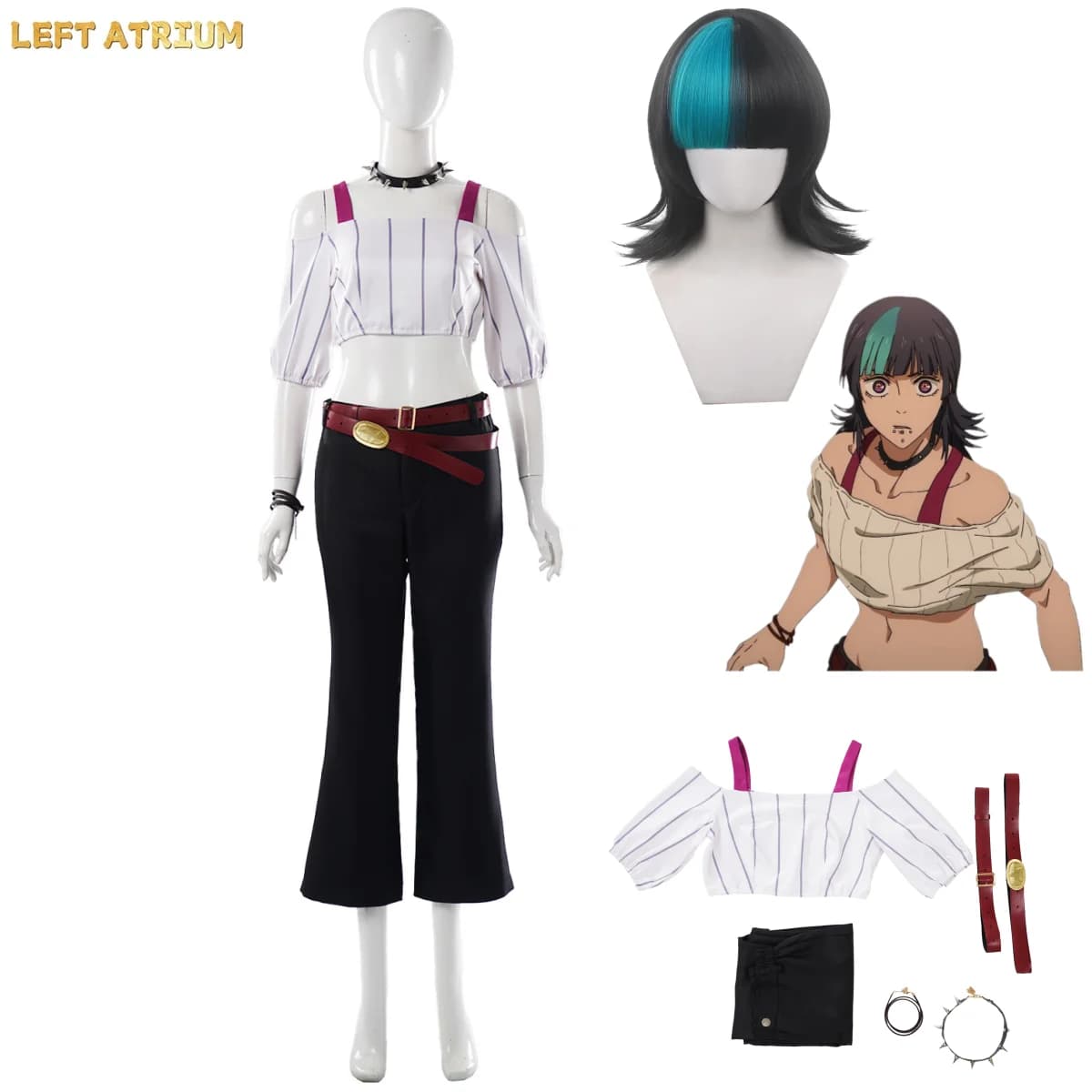 Costume Cosplay Anime Jujutsu Kaisen Hoshi Kirara, Top Senza Spalle, Pantaloni, Collana, Uniforme, Parrucca, Completo Sexy da Donna per Carnevale