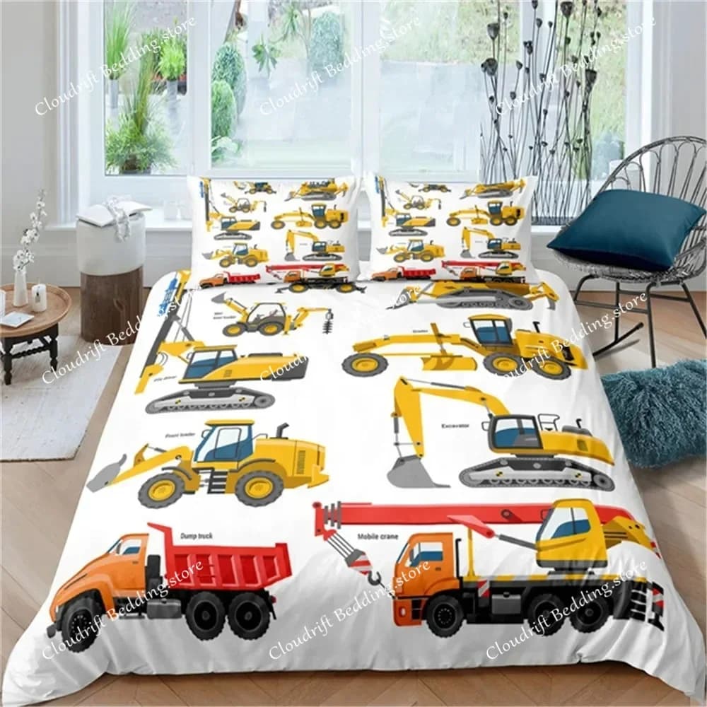 Set di Biancheria da Letto con Motivi di Auto e Cartoni Animati, Copripiumino con Escavatore, Piumino per Camera da Letto, Singolo, Matrimoniale, King Size ​ Copripiumino per la casa - Tessile per la casa