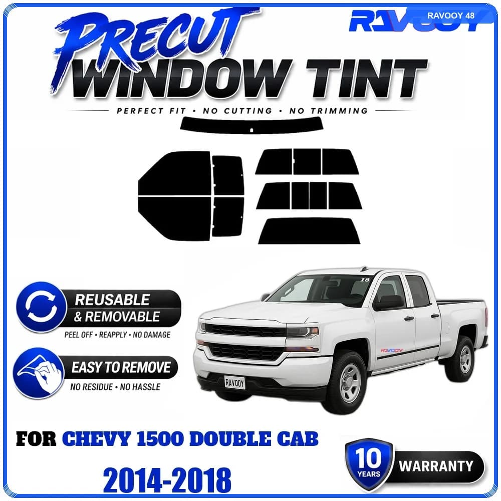 RAVOOY Precut Window Tint, Reusable Removable EPU Film, Custom Fit for Chevy 1500 Double Cab 2014-2018, UV Heat Protection