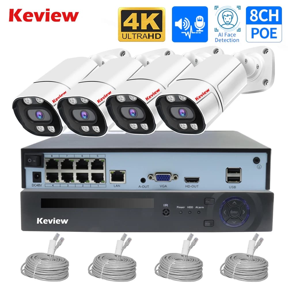 4K 8MP 4MP 8CH POE IP surveillance camera Security system kit AI Face Detection Audio Smart Outdoor IP Camera NVR set
