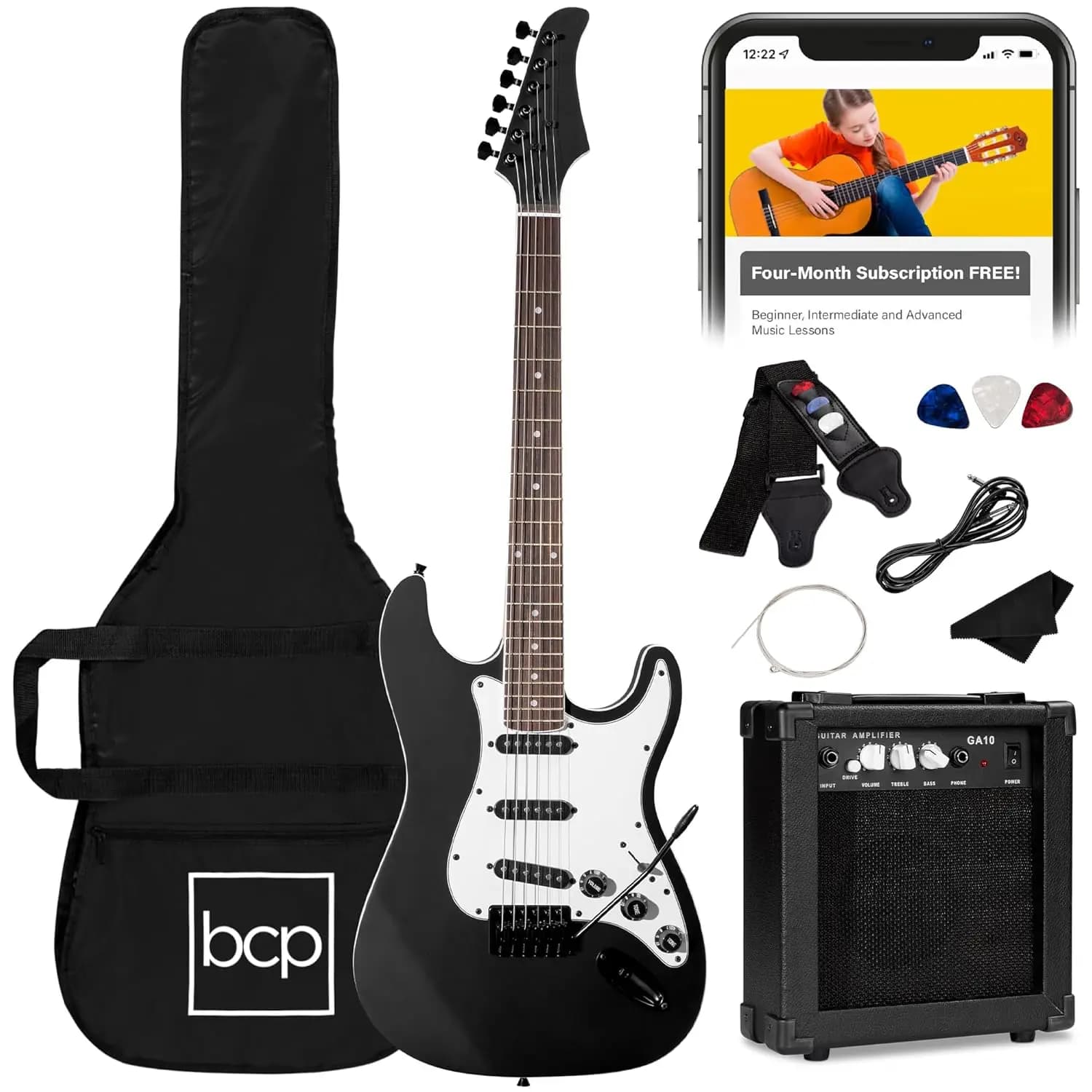 Kit Chitarra Elettrica per Principianti 39 Pollici con Custodia, Tracolla, Amplificatore 10W, Corde, Plettro, Barra Tremolo - Nero Jet, Personalizzabile