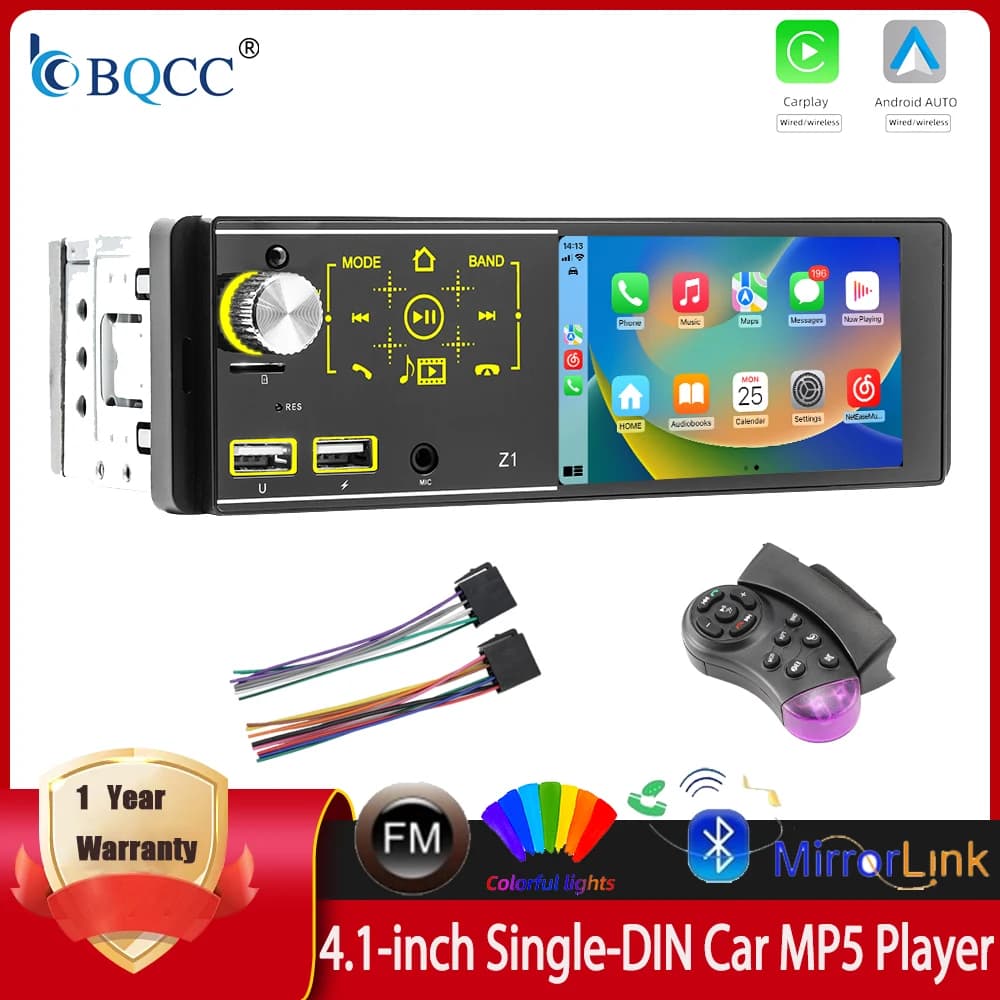 BQCC 4.1 Inch 1DIN Car MP5 Player with Apple Carplay Bluetooth 7 Color Light Support USB SD Card Reverse Polarity Protection