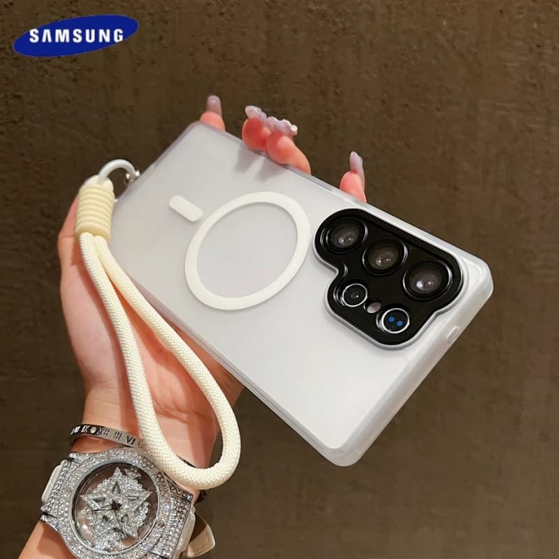 For Magsafe Magnetic Wireless Charging Case for Samsung Galaxy S25 S24 S23 Ultra Plus FE Hand Cordino Protective Cover for matt lenses