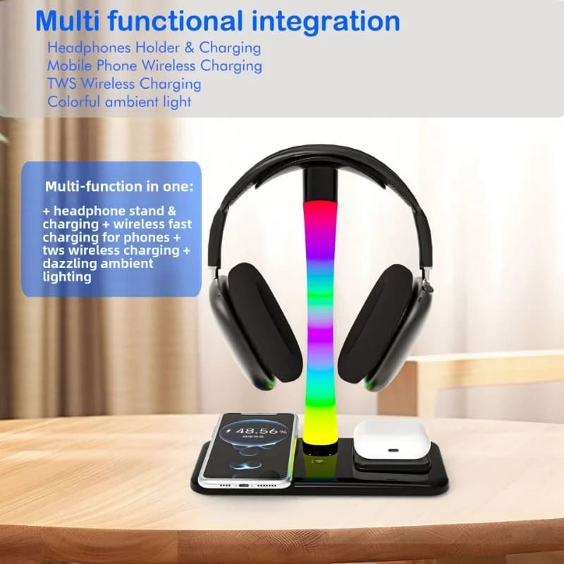 Caricatore Wireless 3 in 1 con Luce Ambientale RGB, Stazione di Ricarica Rapida per Telefono, Auricolari e Orologio, Supporto per Cuffie