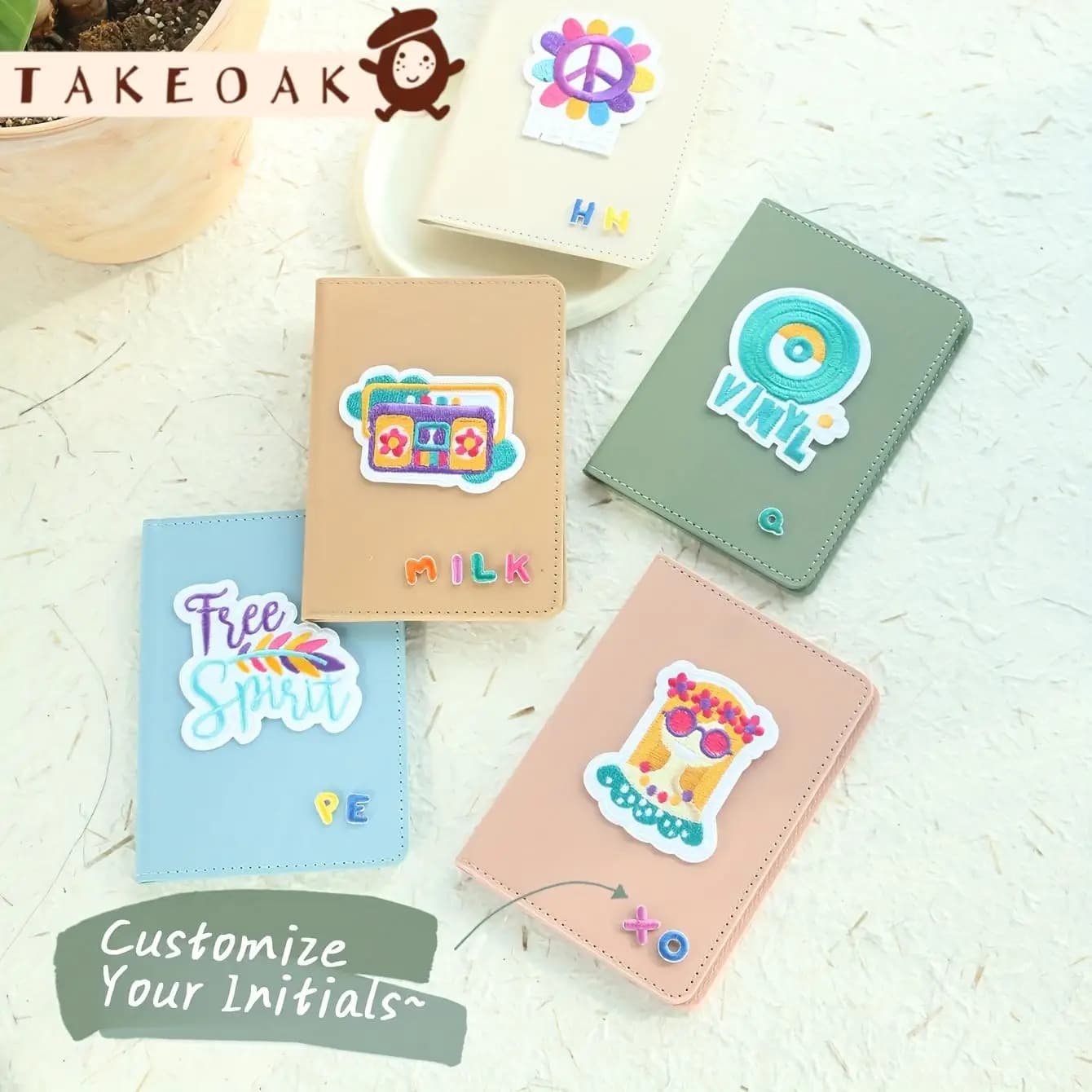 Custom Initial Letter Passport Cover with Cartoon Embroidery Patch Personalized Leather Passport Holder for Travel Gift