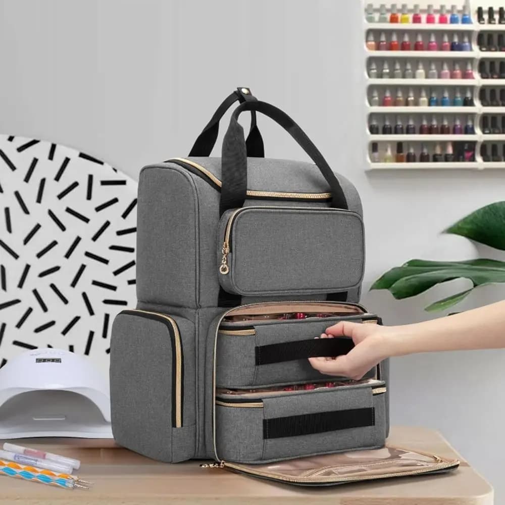 Borsa Porta Smalti a Doppio Strato con 2 Custodie Rimovibili, Contiene 70 Flaconi e Lampada, Borsa Trucchi Rimovibile Multifunzione