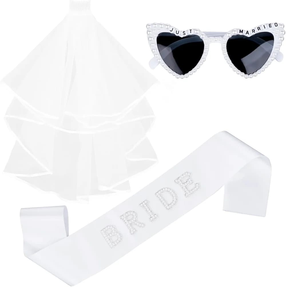 Just Married Accessory Set with Pearl Heart Sunglasses Pearl Bride Sash Tulle Veil for Bridal Wedding Bachelorette Party Favors