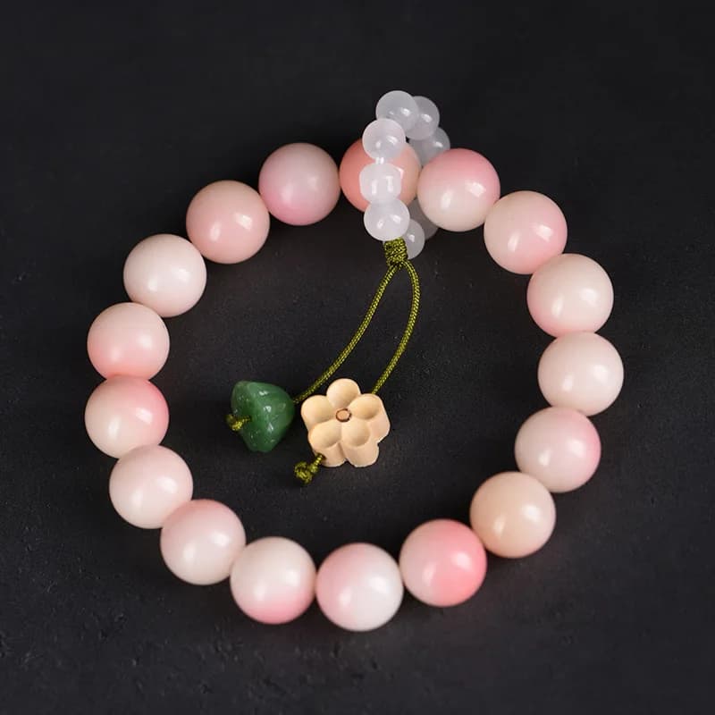 Bracciale con perle di radice di Bodhi bianche e fiori di ciliegio rosa, con artiglio di gatto bianco, per meditazione e regali per studenti
