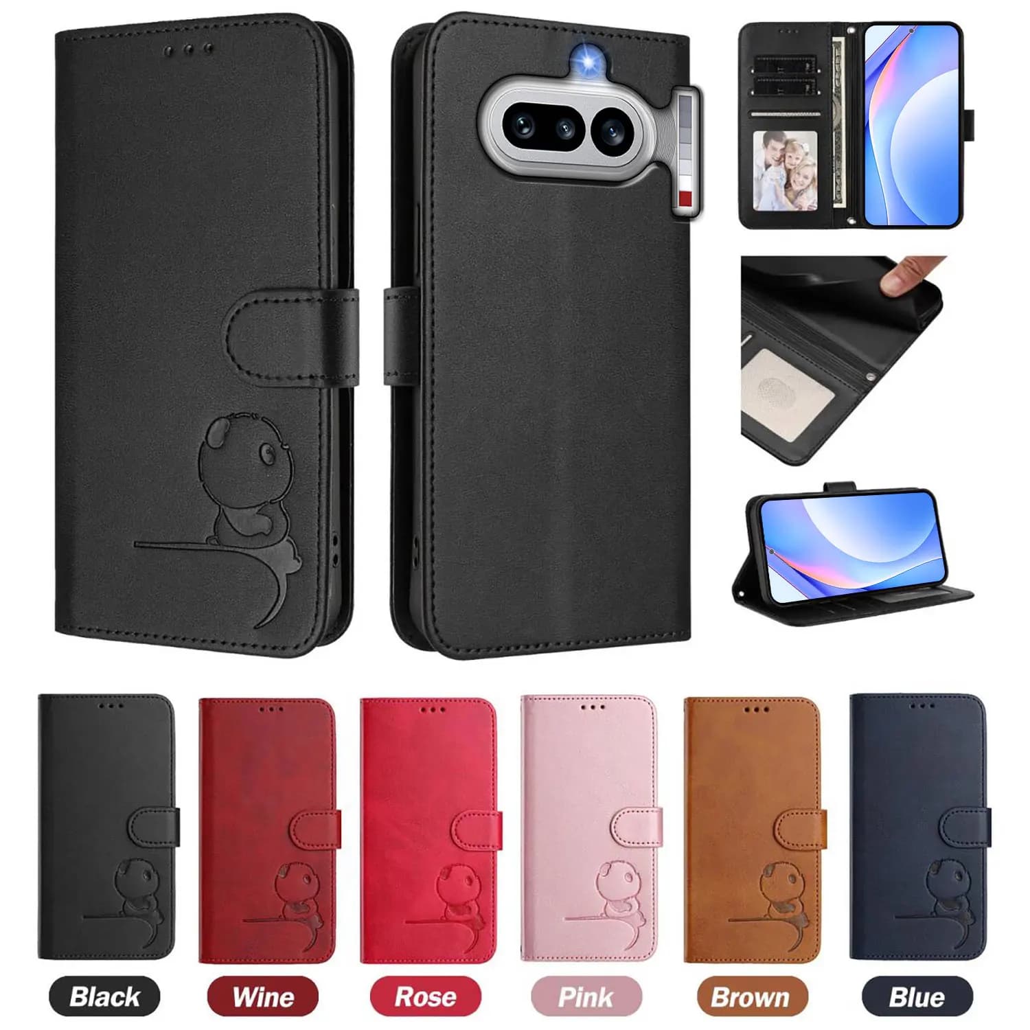 Cute Panda Flip Phone Case For Nothing Phone 4A 4A Pro 3 3A Pro 3A Lite 2A CMF 2 Pro 1 RFID Leather 3 Cards Wallet Cover Fundas