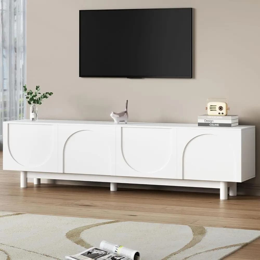 Mobile TV da 78 pollici bianco con mobiletto ad arco, gambe in legno massello, ripiani regolabili e sistema di gestione cavi
