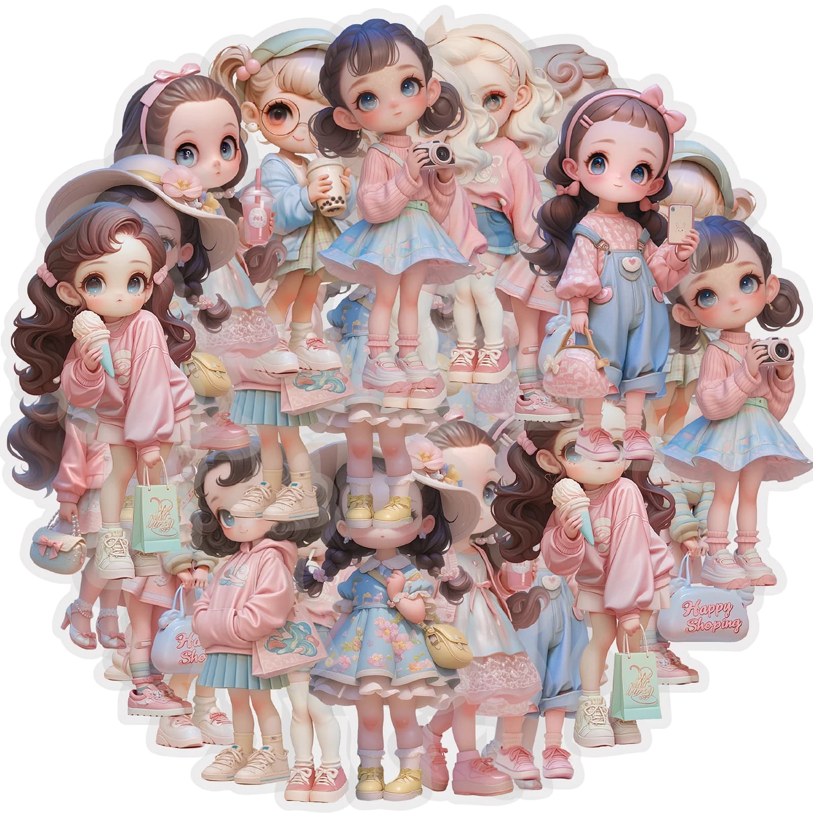 Etori Life 10Pcs Sweet Macaron Street Style Girl Stickers Casual Outfit Q Version Doll Journal Decoration Stickers for Laptop, Phone Stickers, Suitcase, Photo Album, Scrapbooking Supplies, Office Decoration Accessories, Children's Gift Paper Bags, DIY Crafts, School Supplies, Toy Stickers