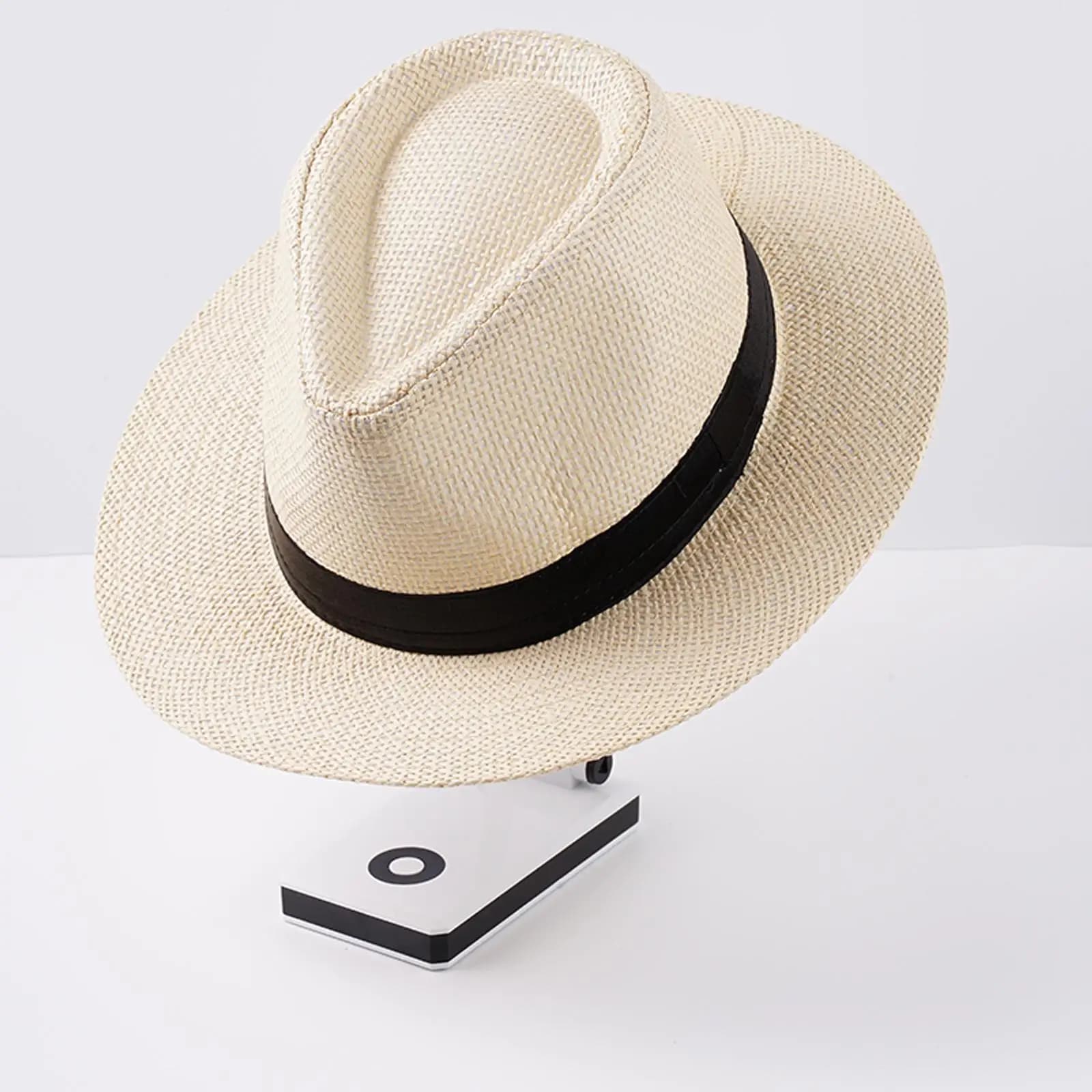 Men's Panama Straw Fedora Hat, Summer Paper Grass Flat Brim Sun Hat, Breathable UV Protection Beach Hat for Men