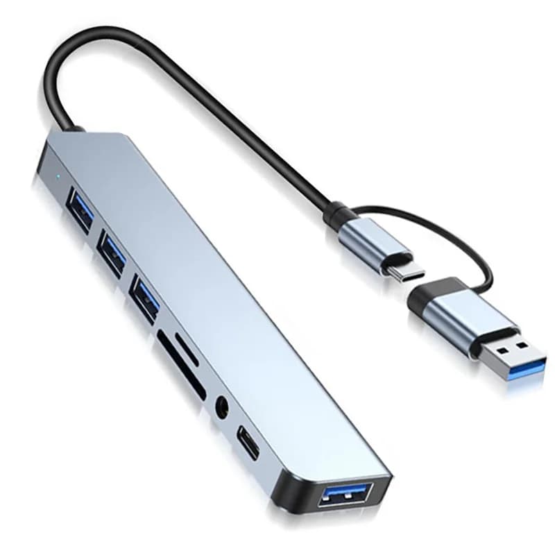 Hub USB 8 in 2 con USB 3.0 di tipo C, splitter hub dati e lettore di schede, supporta più dispositivi per una lettura rapida di dati e scrittura