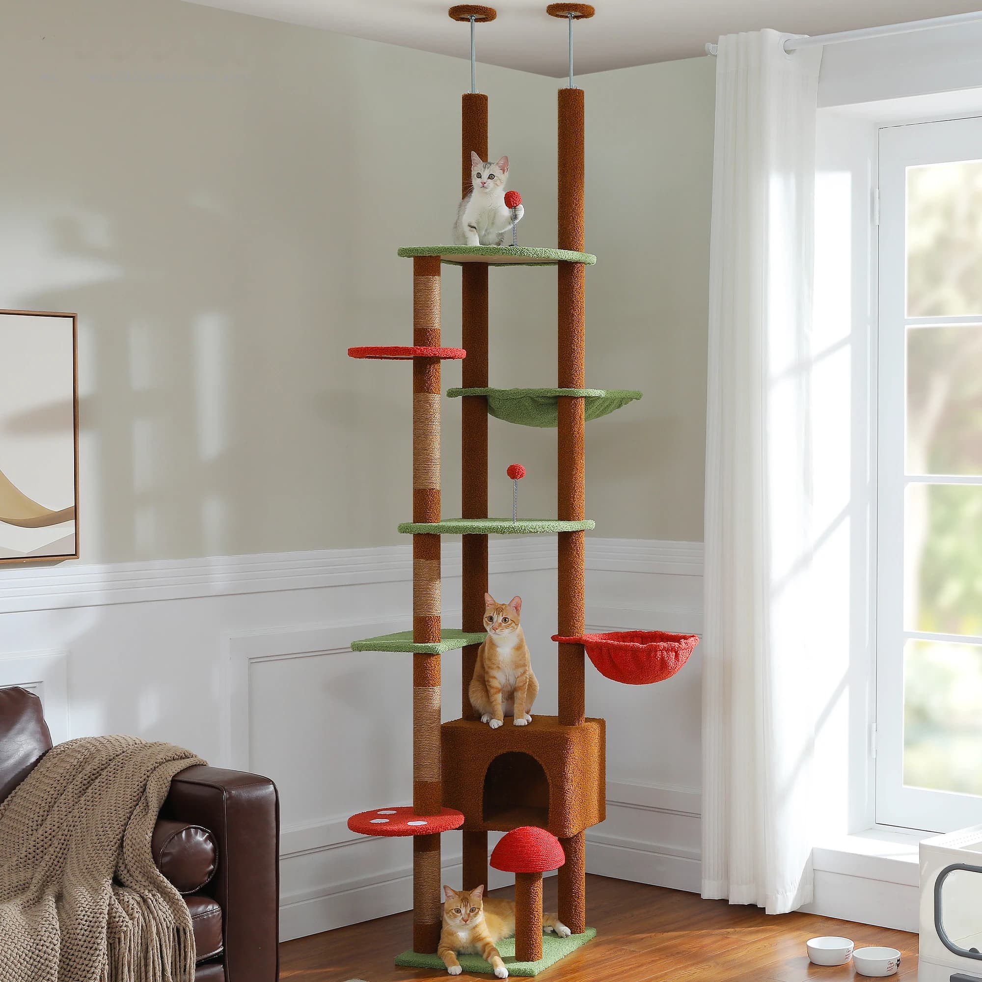 Adjustable Height Tall Cat Tree for Indoor, Floor to Ceiling Cat Tower with Cozy Condo, Large Hammock, Scratching Post, Cat Toys