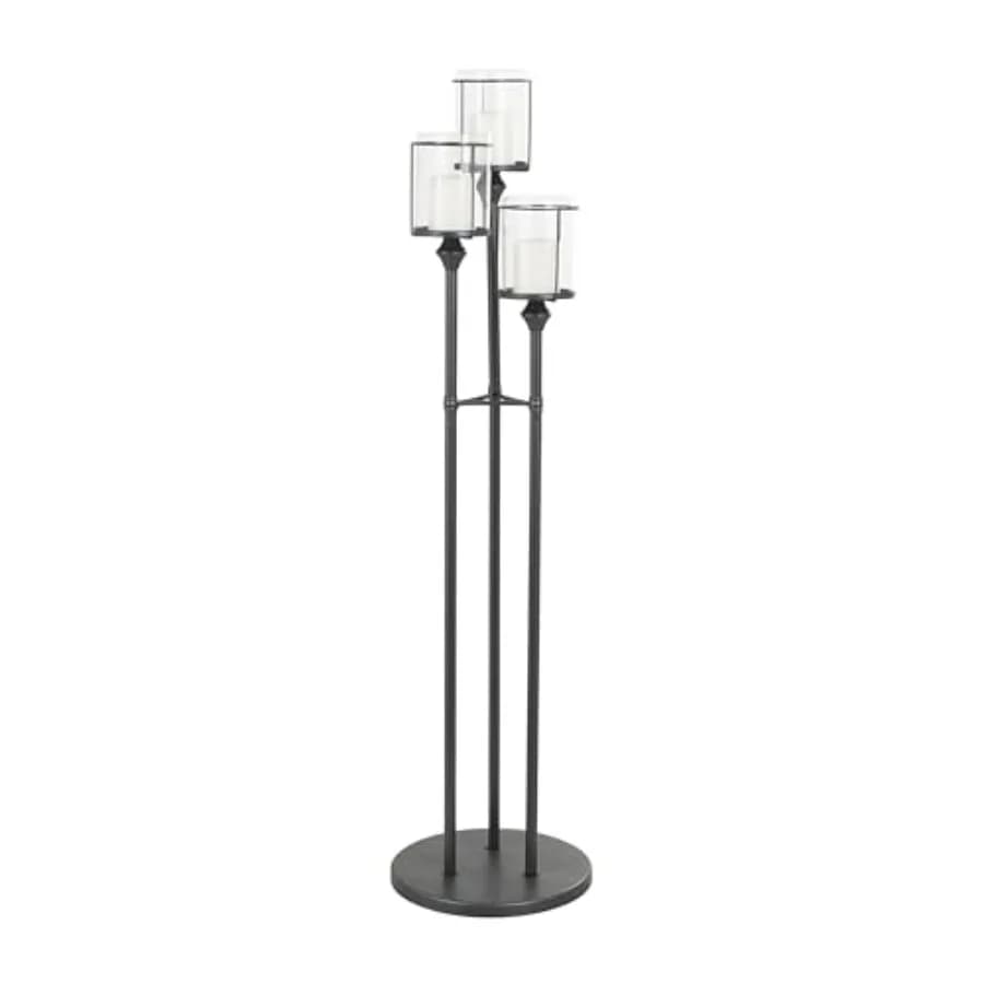 Lampada Hurricane in Metallo per Interni, Portacandele Alto da Terra con 3 Pali e Base Rotonda, Lampada Centrotavola 14" x 14" x 55