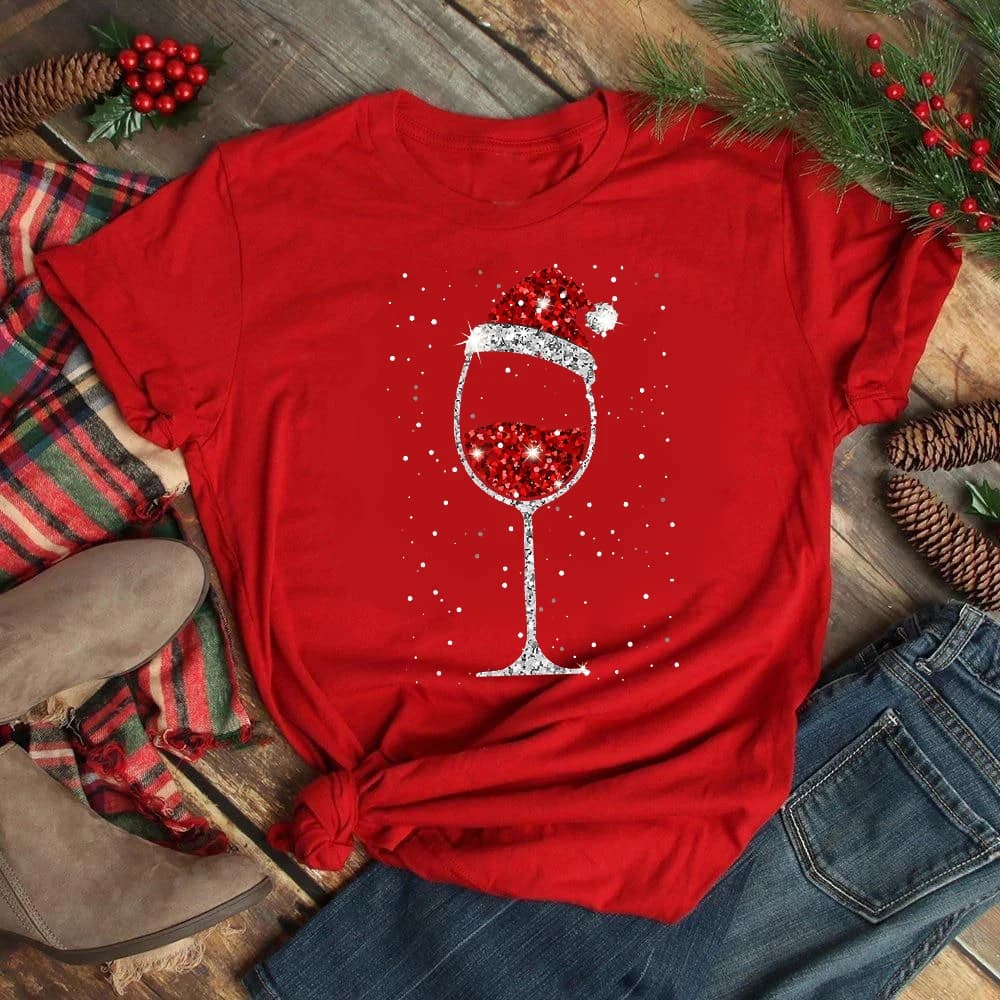 Coppa da vino da donna Cappelli natalizi T-shirt oversize nera Regali di Natale di Natale Maglietta superiore del fumetto T-shirt di Capodanno di moda Harajuku