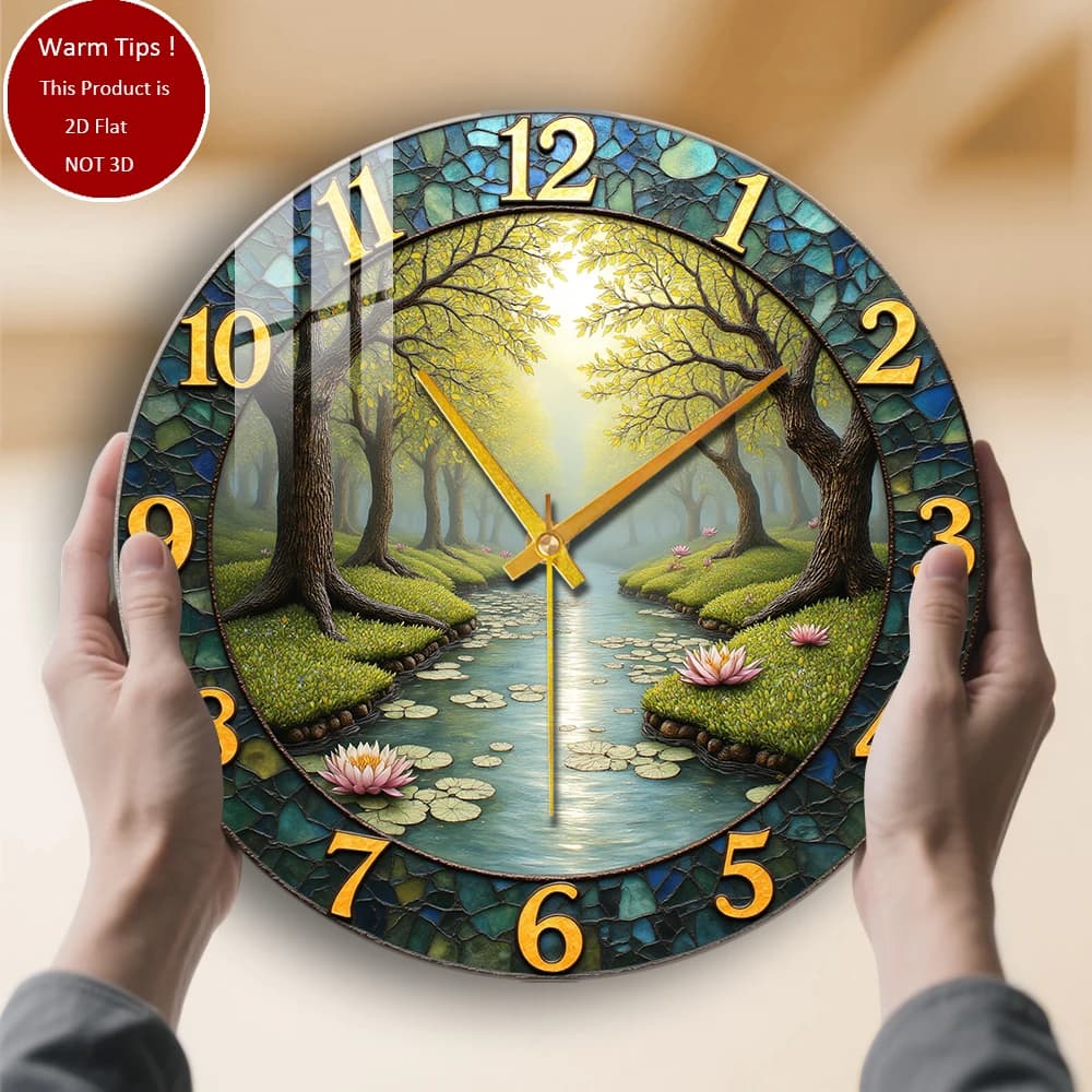 River Lotus Trees Sunlight Lilypad Path tempered glass wall clock suitable for wall decorations or table displays everywhere
