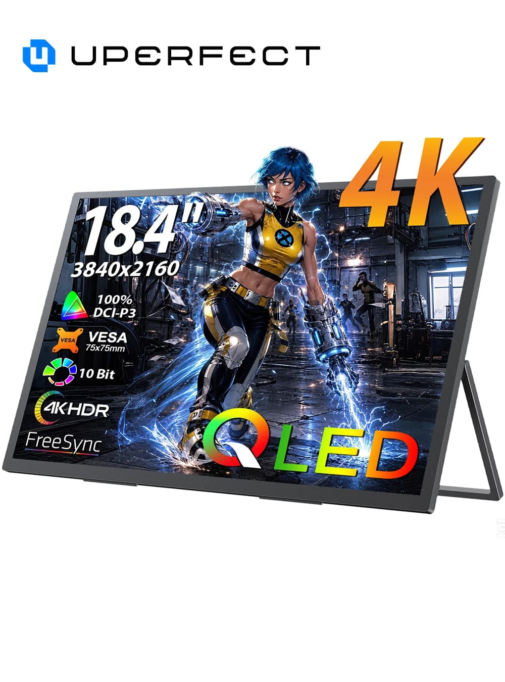UPERFECT 18.4'' 4K Portable Monitor QLED 100% DCI-P3 3840x2160 UHD FreeSync HDR 2 Speakers Eye Care Travel Gaming Display For Laptop Desktop Mac Phones Tablet PS5/4 Switch