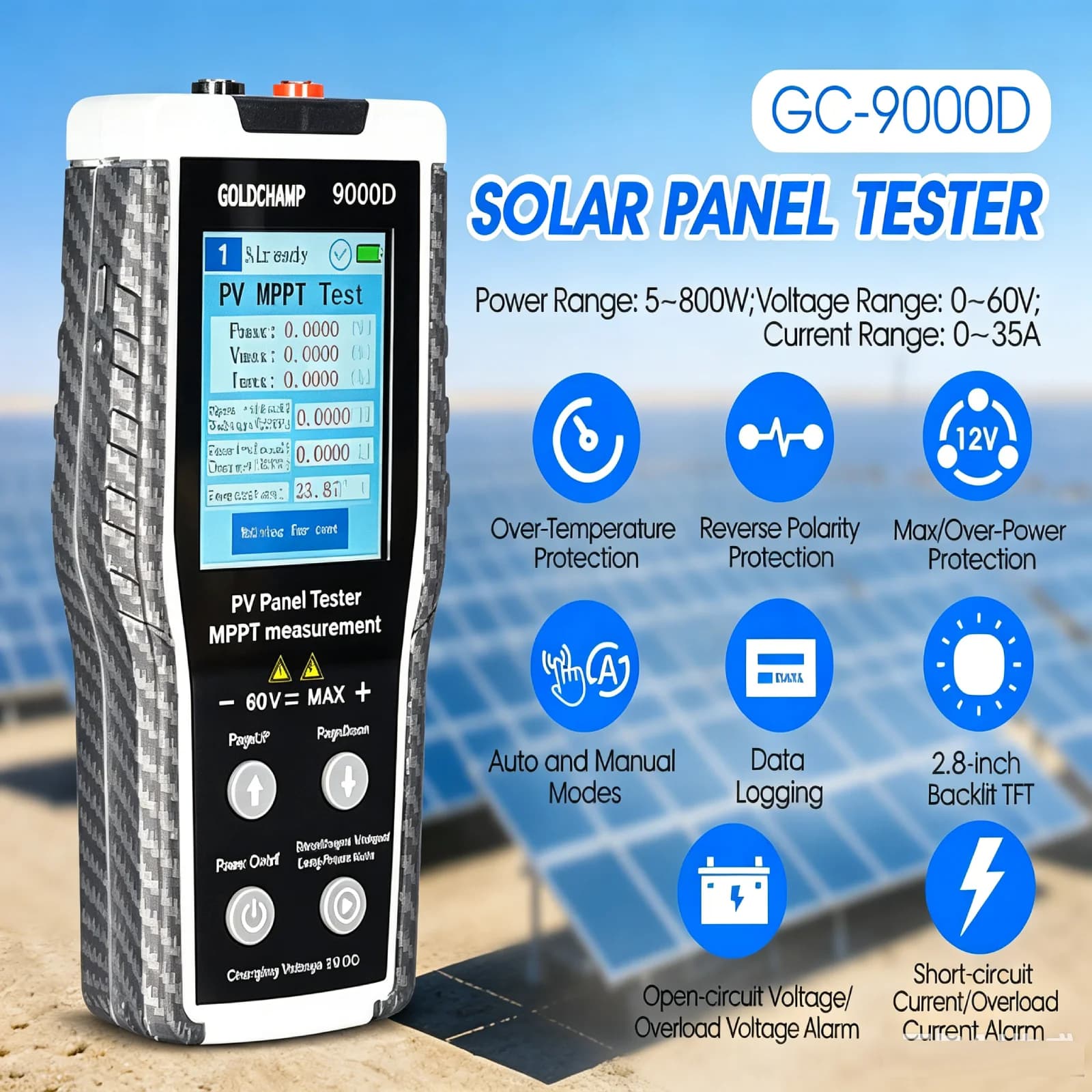 Tester Solare MPPT 9000D 5-800W, Scansione Automatica/Manuale Curva IV 0-60V 0-35A, Display TFT 2.8" con Registro Dati per Diagnosi Pannello e Report Installatore