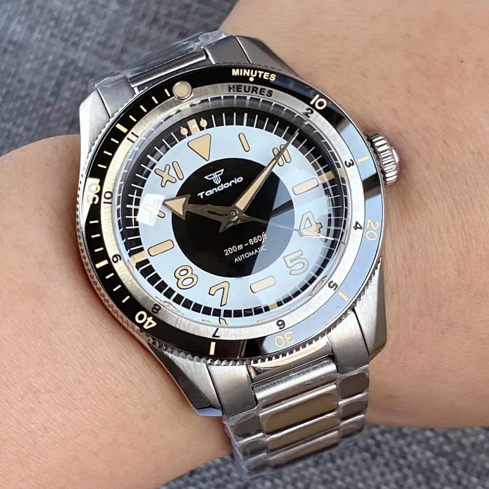 20ATM Diver Vintage Tandorio 40mm Doppio Arco Vetro Zaffiro NH35A PT5000 Automatico Nuovo Orologio Da Uomo 120 Clic Lunetta Marche Romane