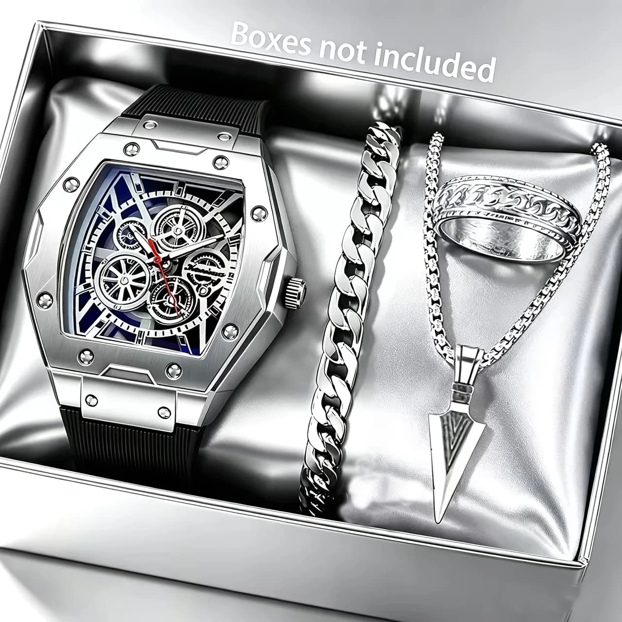 Luxury Gift Set for Men: Stainless Steel Quartz Watch with Calendar, Silver Arrow Necklace, Bracelet and Ring