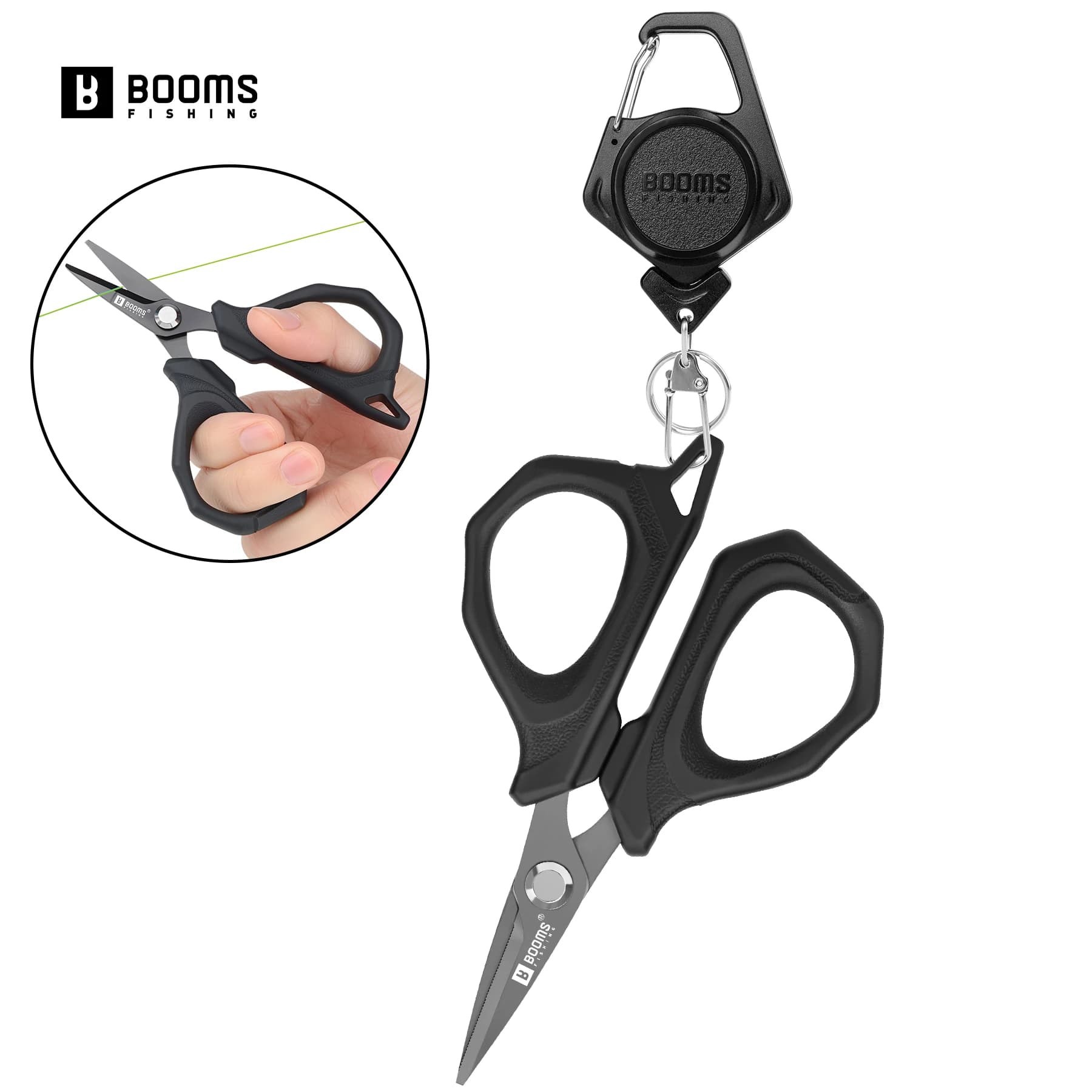 Booms Fishing S07 Cutting scissors for stainless steel fishing braid with retractable badge holder Moschettone Toolbox
