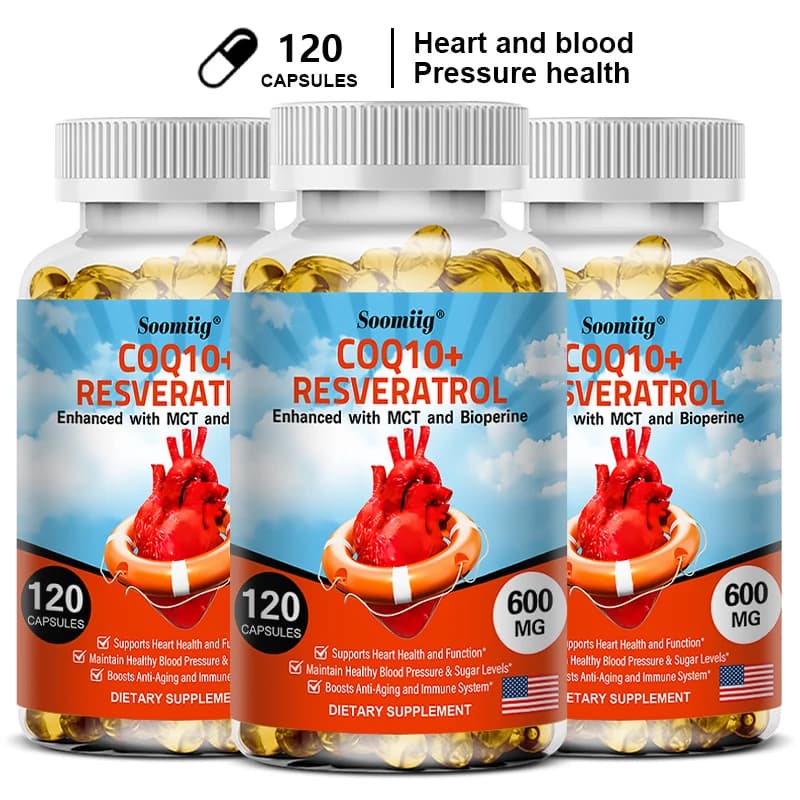 Capsule di coenzima Q10 biologica da 120 pezzi da 600 mg - con resveratrolo, cardiovascolare e salute del cuore, bellezza e salute