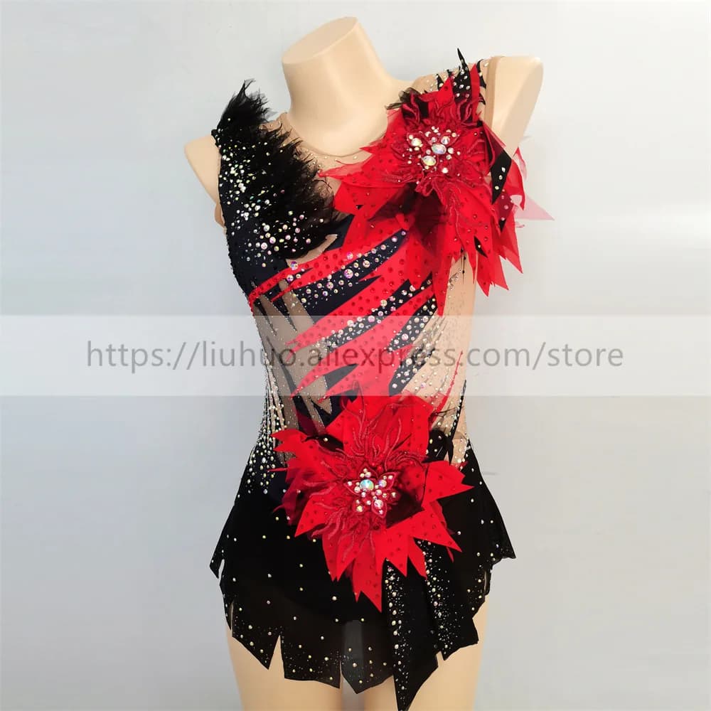 LIUHUO Donna Ragazza Costume Prestazioni Ginnastica Ritmica Concorso di Balletto Body Pattinaggio di Figura Sul Ghiaccio Vestito Aldult Nero Rosso