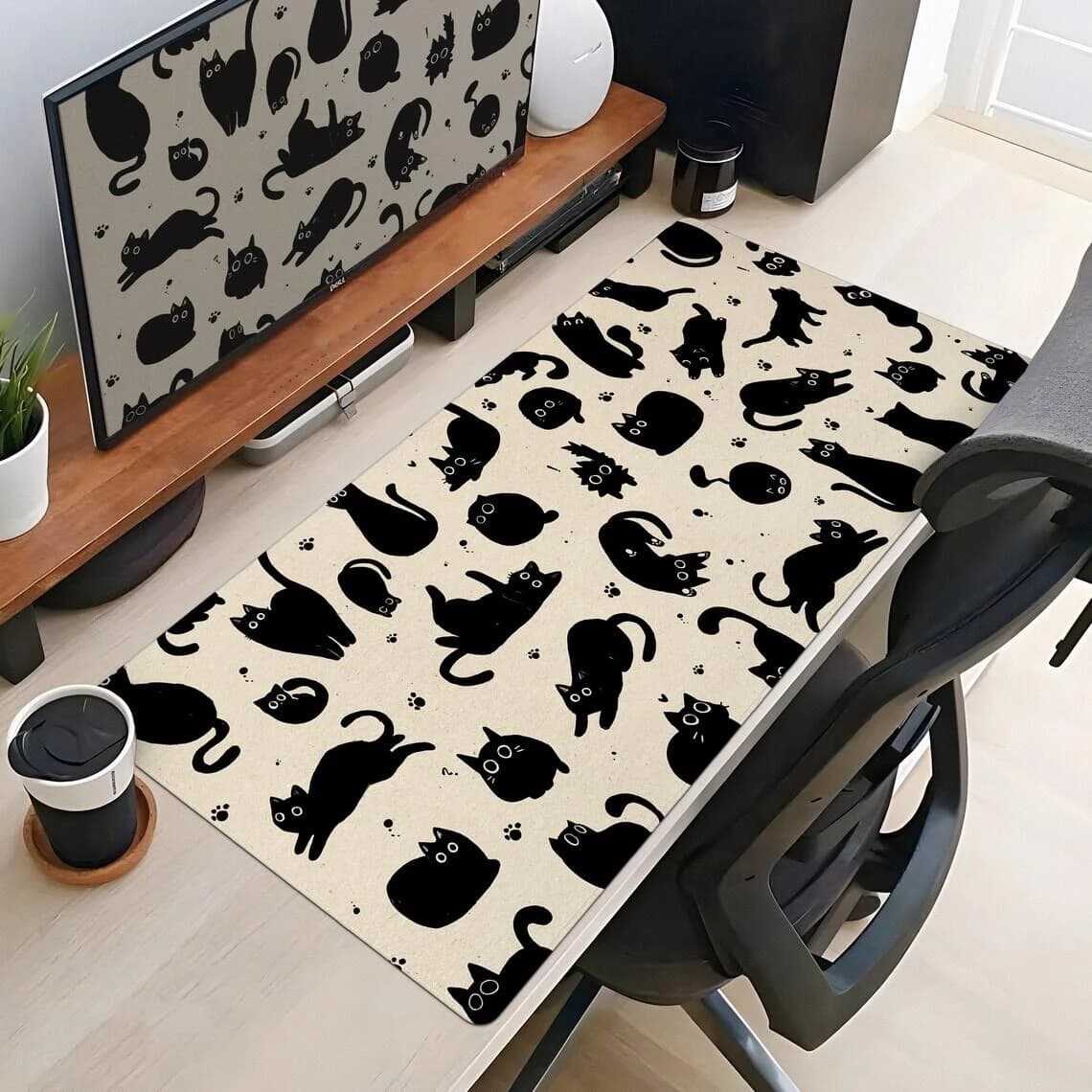 Simpatico tappetino da scrivania gatto nero su tappetino per mouse beige protezione da tavolo extra large tappetino da scrivania morbido tappetino per mouse anime tappetino per mouse Kawaii XxL
