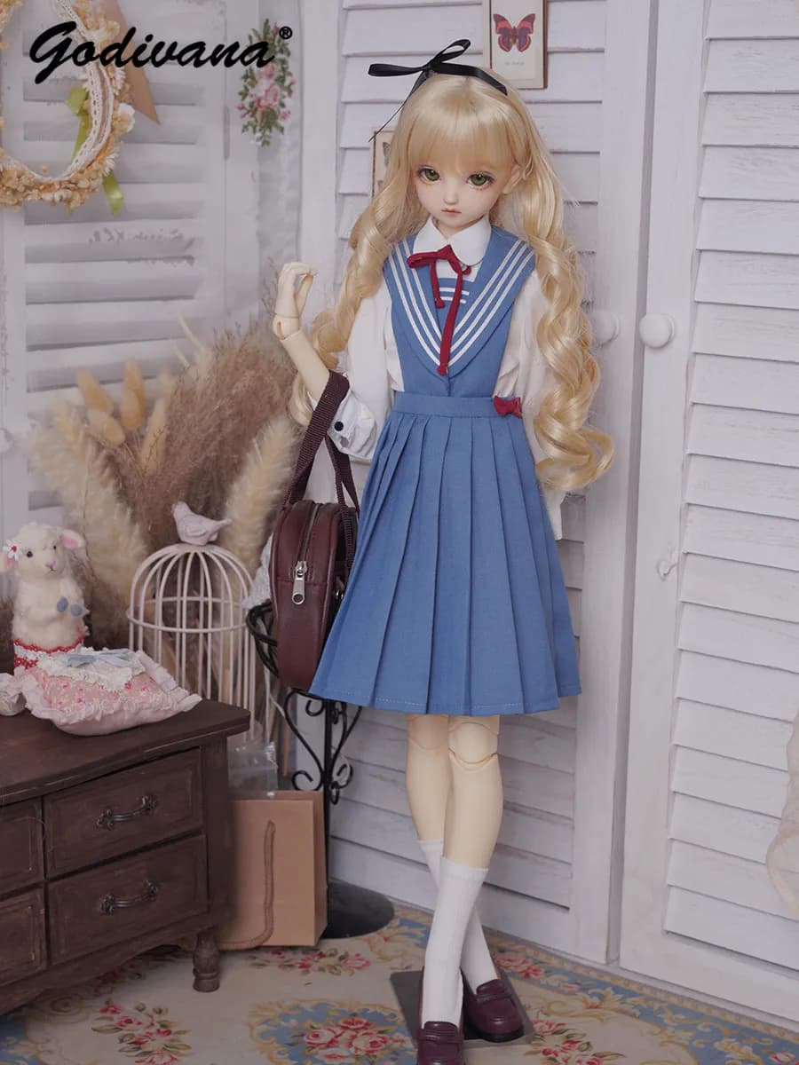 BJD 1/4 Doll Outfit Japanese Sailor JK School Uniform Set Blue Sleeveless Pinafore Dress White Blouse Red Bow Decor Doll Clothes