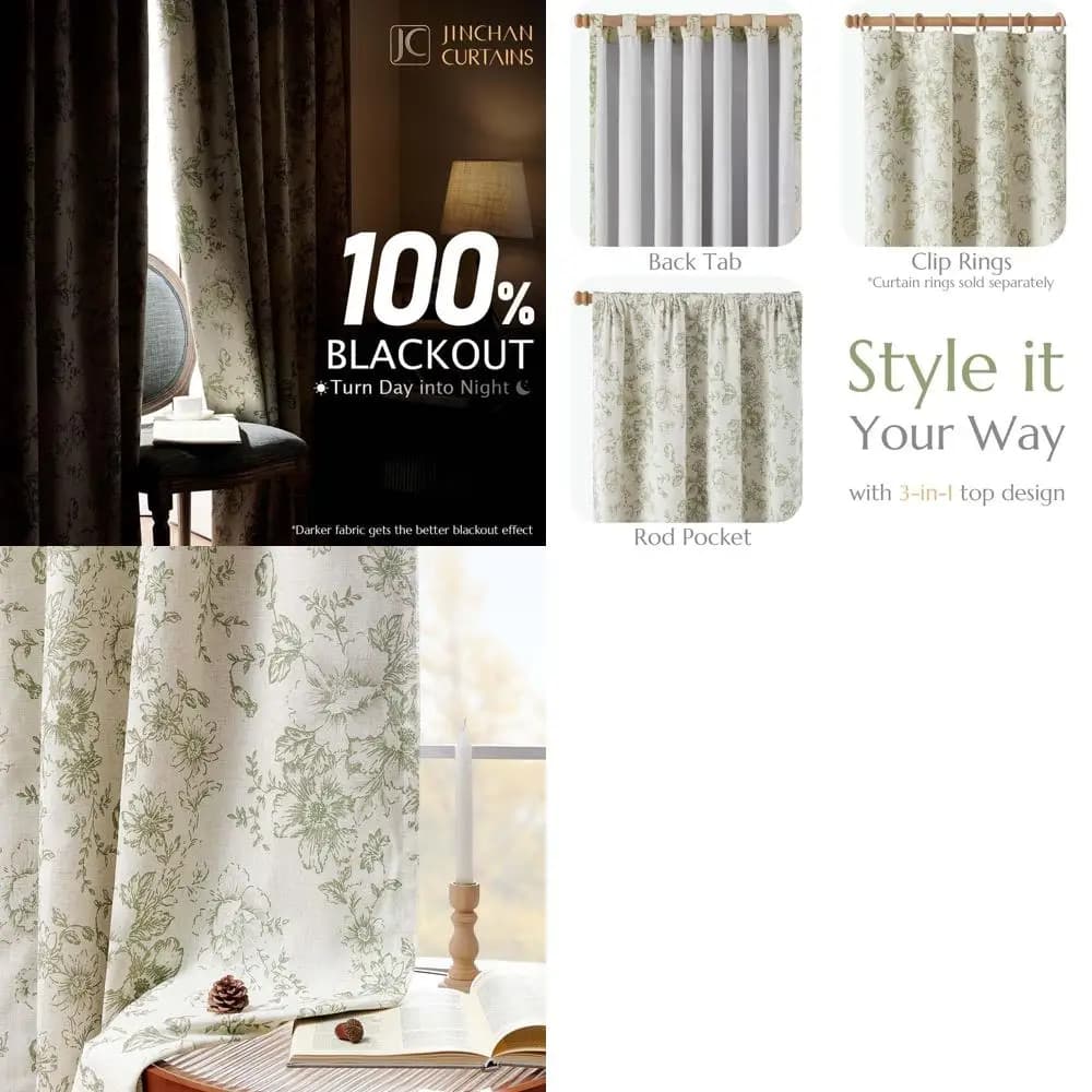Tende in Misto Lino Verde Floreale con Fodera, 84 Pollici per Soggiorno e Camera da Letto, Design con Linguette