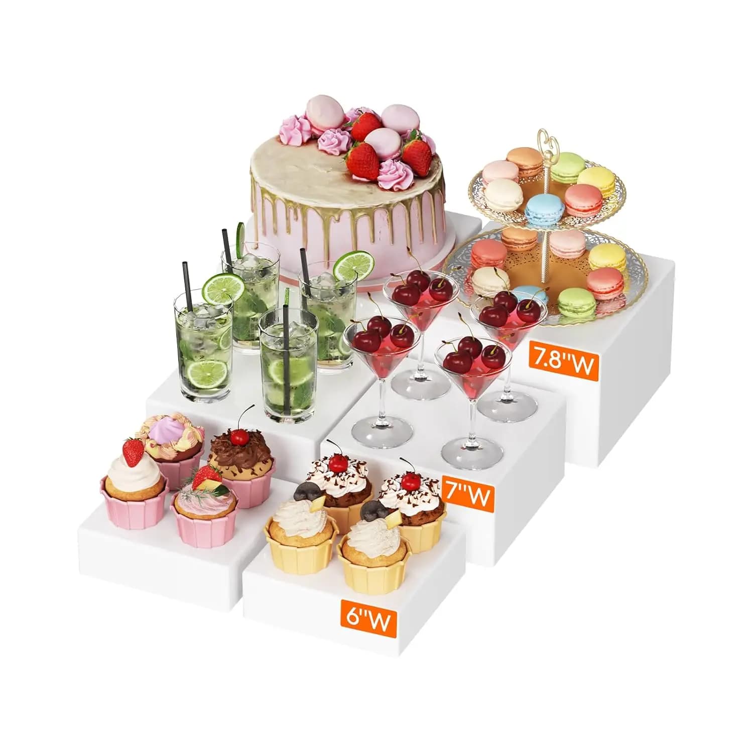 Set of 6 Stands and Supports for Buffet, Displays for Desserts, Cakes, Jewelry, White Stackable Cube Boxes (6", 7", 7.8")