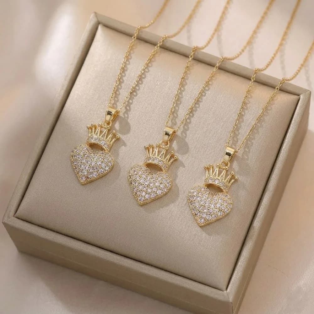 Temperament Classic Gold Color Stainless Steel Crown Heart Zircon Pendant Necklace for Women Trendy Charm Date No Fade Jewelry