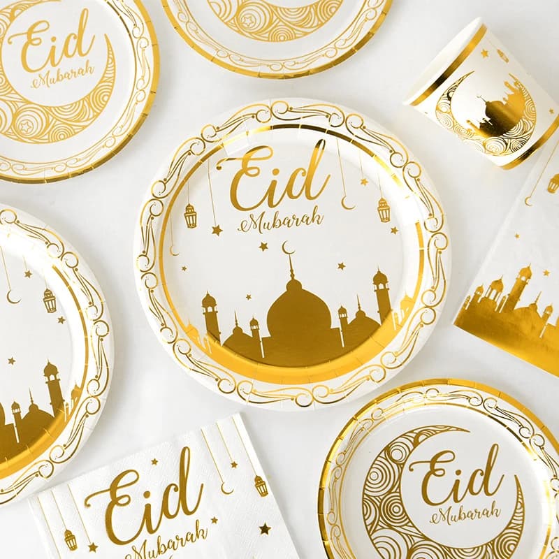 Eid Mubarak Disposable Mesh Gold Plate Banners Gift Bags Islamic Muslim Party Supplies 2025 Ramadan Kareem Decorations