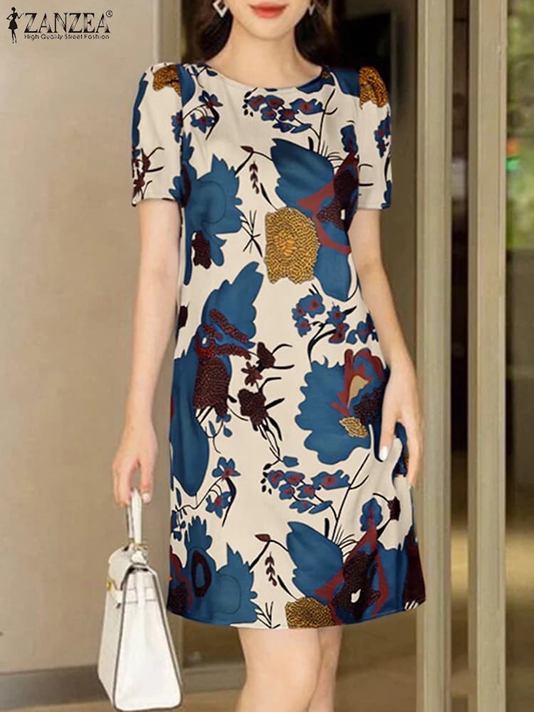ZANZEA Donne Eleganti Abiti Al Ginocchio 2025 Moda Casual Manica Corta Stampa Floreale Vestito Da Partito O-Collo Vacanza Robes Femme