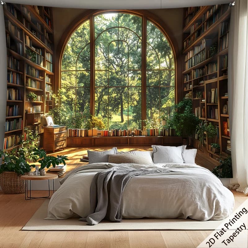 VIKAMA Forest Library Tapestry with Cozy Natural Literary Wall Art Ideal for Bedroom Dorm and Living Room Natural Literary Theme