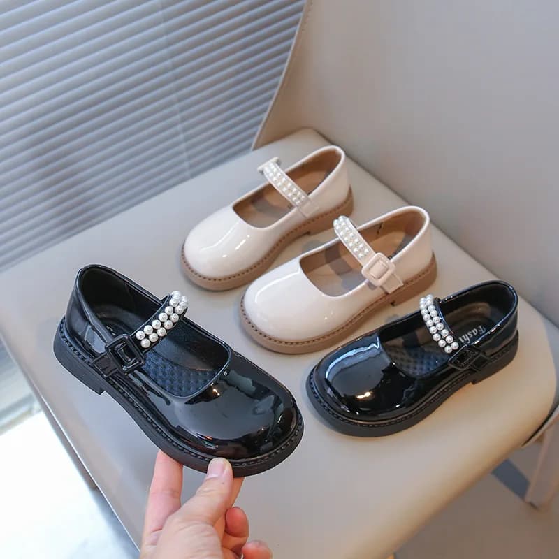 New Princess Flat Children's Shoes for Girl Black Mary Jane Loafers Sneakers Kids Party Shoes Student Beaded Leather Shoe 6 Year