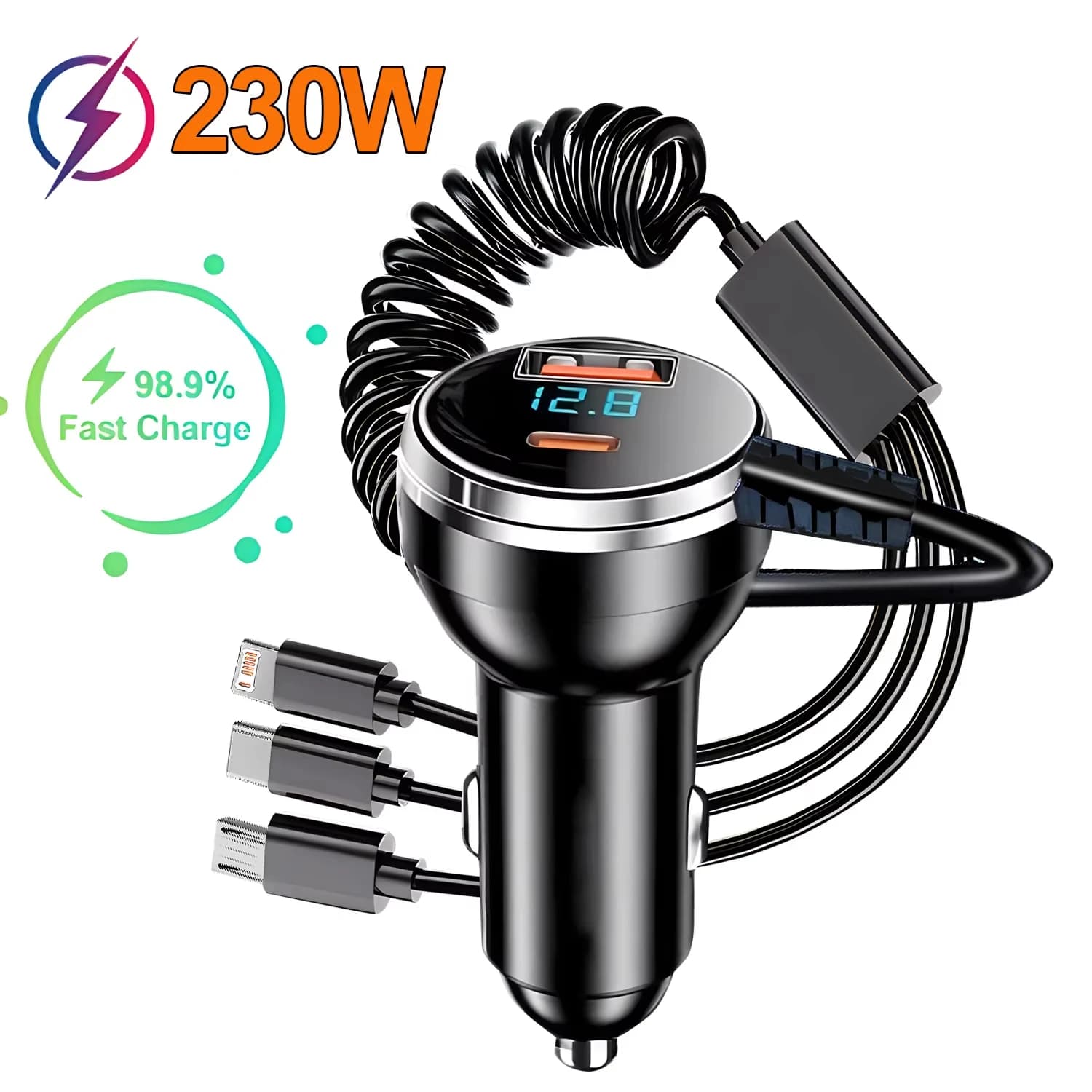 Caricabatterie da auto rapido a 5 porte da 230 W, ricarica rapida PD QC3.0, porte USB C e USB A, divisa intelligente della corrente, ricarica sincronizzata multi-dispositivo, sicurezza completa
