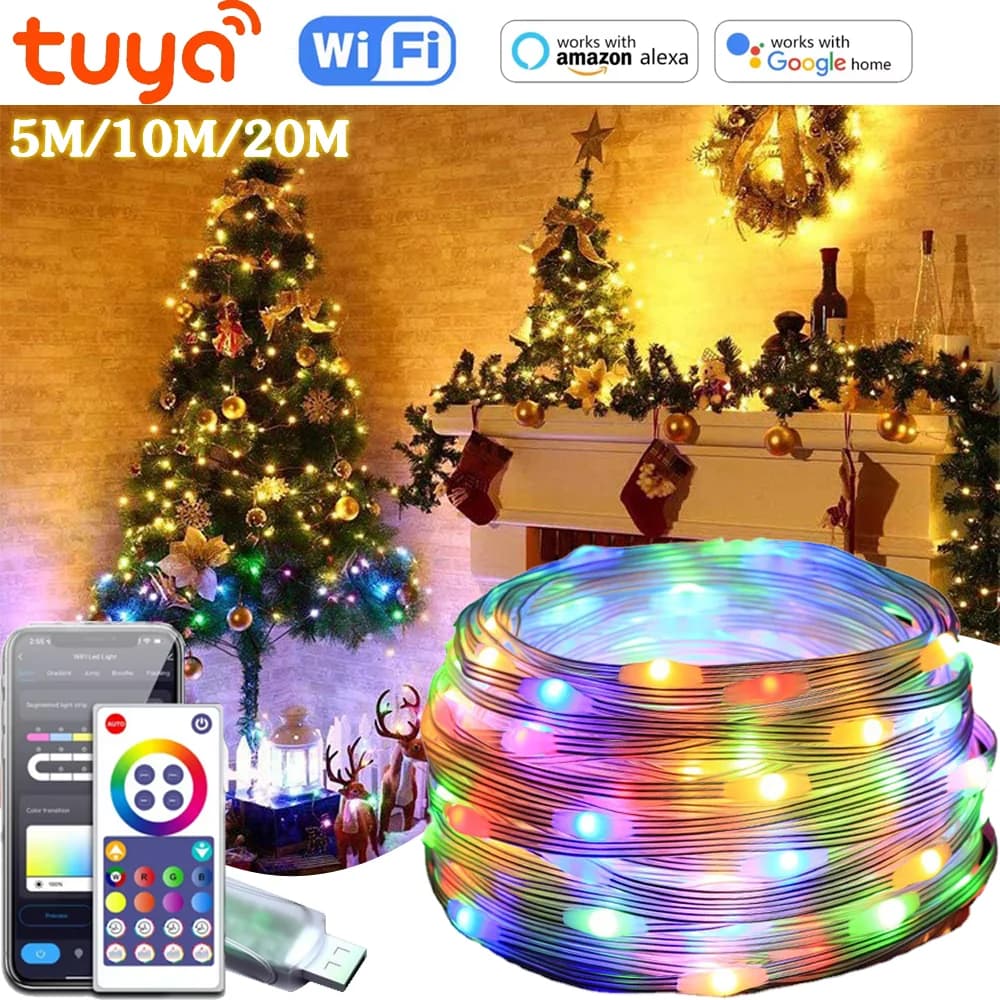 Tuya WIFI USB 5V RGBIC Pixel String Light Natale String Light 5M 10M 20M Tuya APP telecomando musica impermeabile fata luce