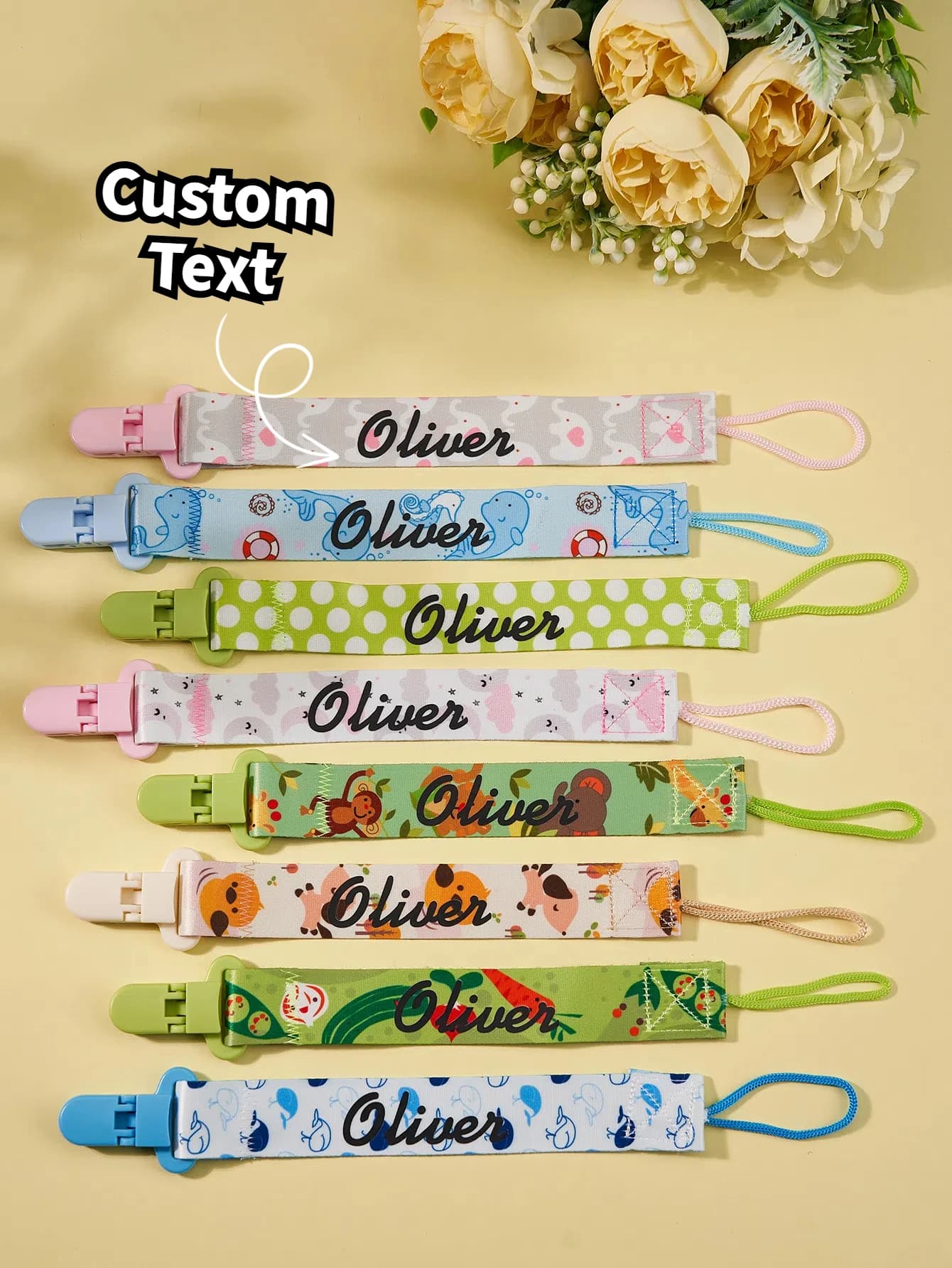 1 pz. Clip per Ciuccio Personalizzata con Nome, Catenella Portaciuccio con Perline in Legno, Regalo per Neonato/a, Nascita, Compleanno, Natale, Festa della Mamma