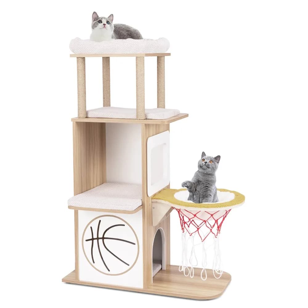 Albero per gatti in legno da 47 pollici con casetta a 2 piani, 2 posizioni per il riposo, canestro da basket e amaca