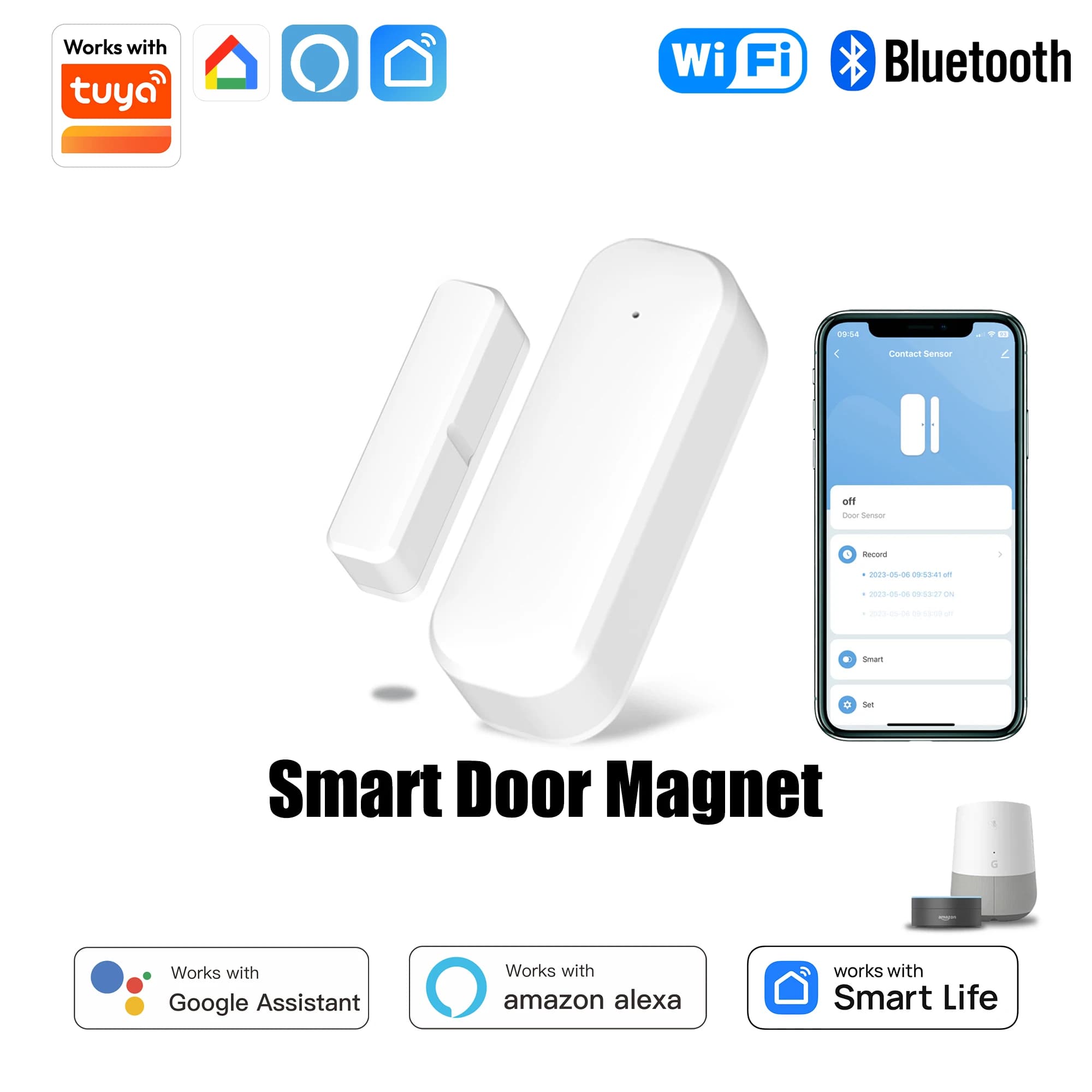 Sensore WiFi Tuya per Porte e Finestre, Allarme Magnetico di Sicurezza Compatibile con Alexa e Google Home