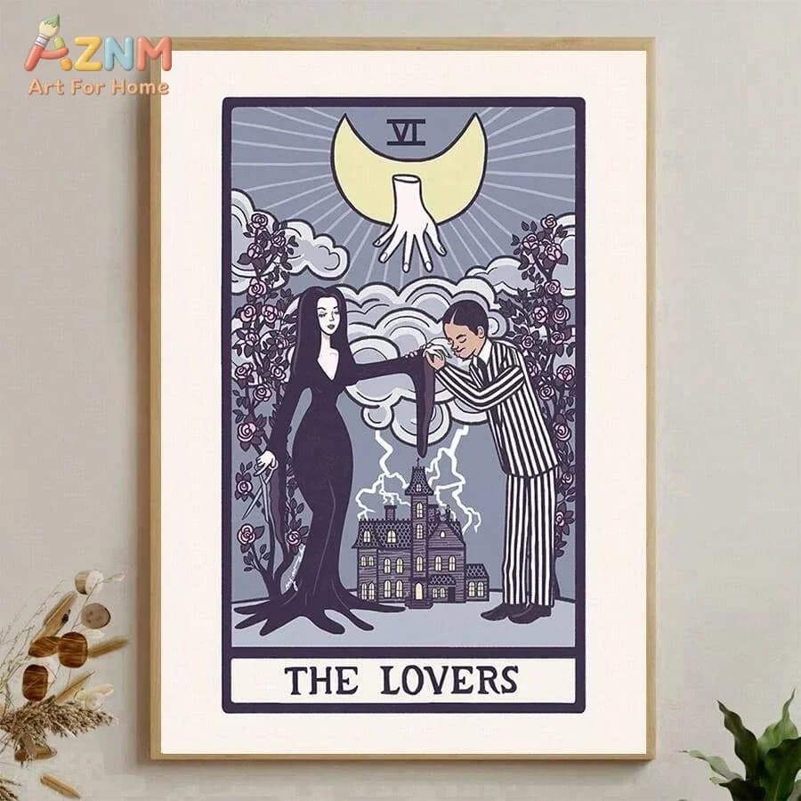 AZNM The Lovers Tarot Card Canvas Wall Art Addams Family Gothic Spooky Dark Romantic Halloween Decor Unframed Canvas Poster