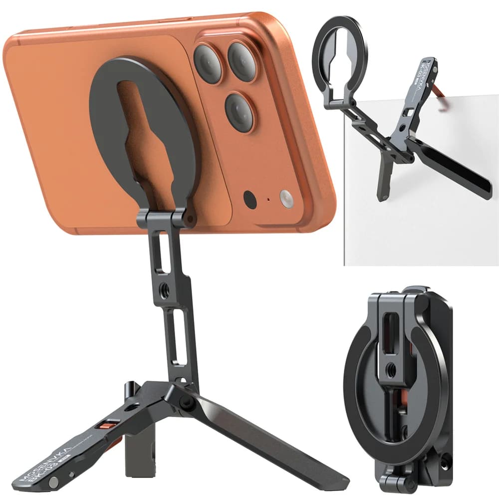 Treppiede Magnetico Pieghevole per Telefono con Design a Gancio, Attacco Arca e Slitta Fredda, Bastone Selfie in Alluminio per iPhone/Android da Viaggio