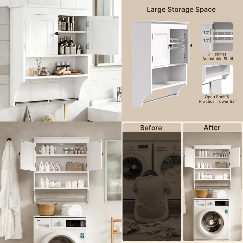 Mobiletto da Bagno Bianco a Parete con Portasciugamani, Armadietto a 2 Ante per Medicinali e Ripiani Regolabili