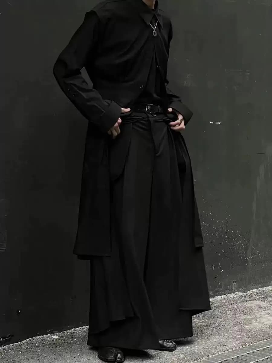 Gonna-pantalone unisex antivento a doppio strato scuro, stile cappotto di media lunghezza, con design che accentua la vita, modello Kendo