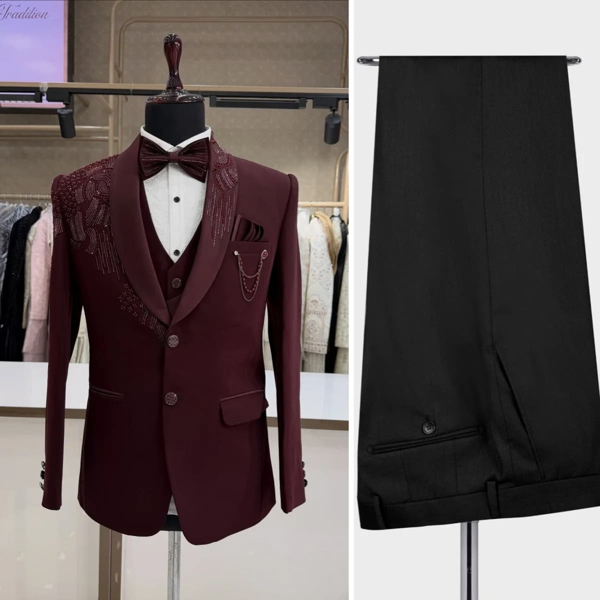 Set di 3 Pezzi Smoking da Sposo con Perline e Cristalli, Completo Formale da Uomo, Blazer Rosso, Pantaloni e Gilet, Giacca Maschile alla Moda su Misura
