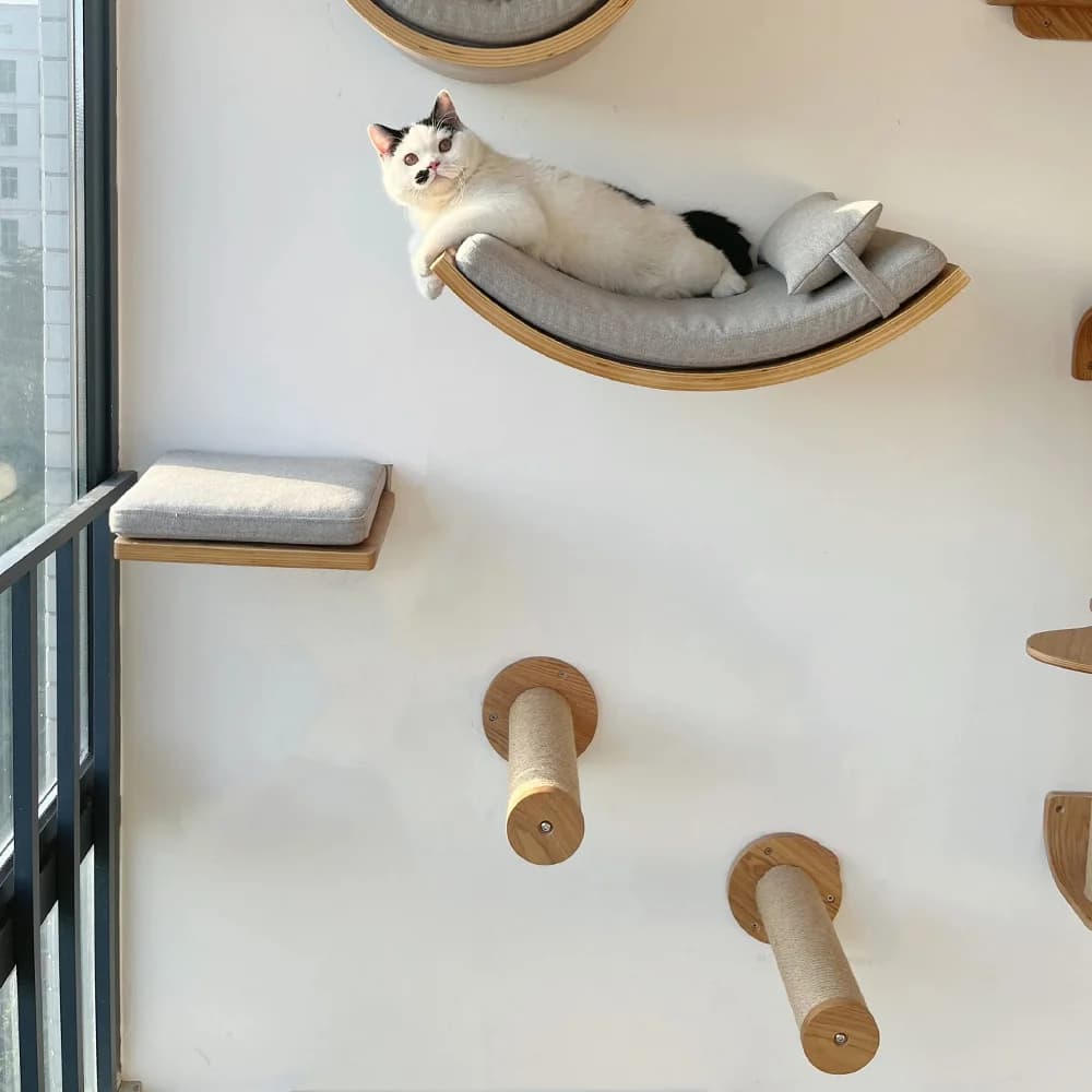 Wall-Mounted Tree Tower Set with Hammock, Stairs and Cat House Pet Furniture Accessory for Strolling and Play